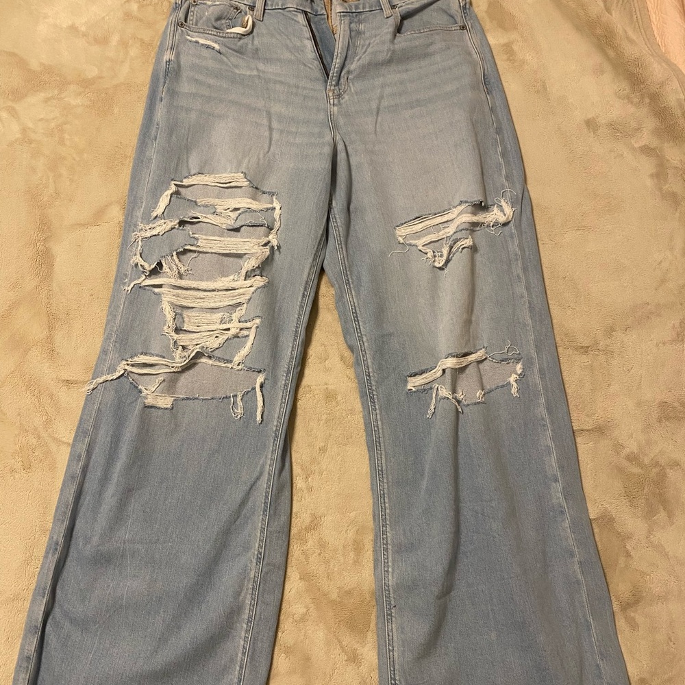 American Eagle Outfitters Light Blue Distressed Wide-Leg Jeans